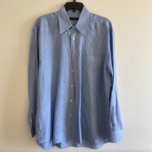 Canali Linen Shirt Mens XL Light Blue Button Up Long Sleeve Made In Italy Preppy